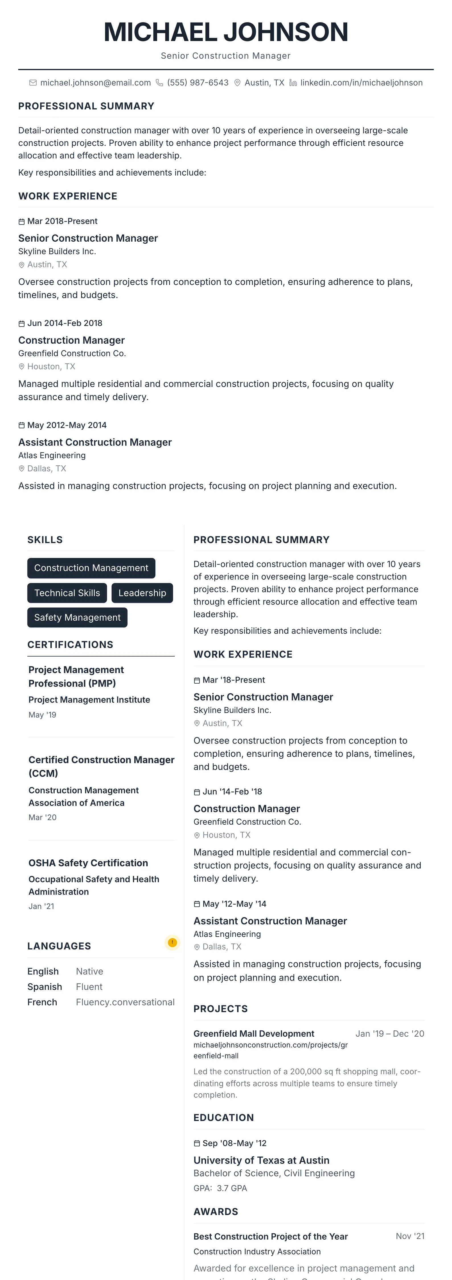 Professional template preview