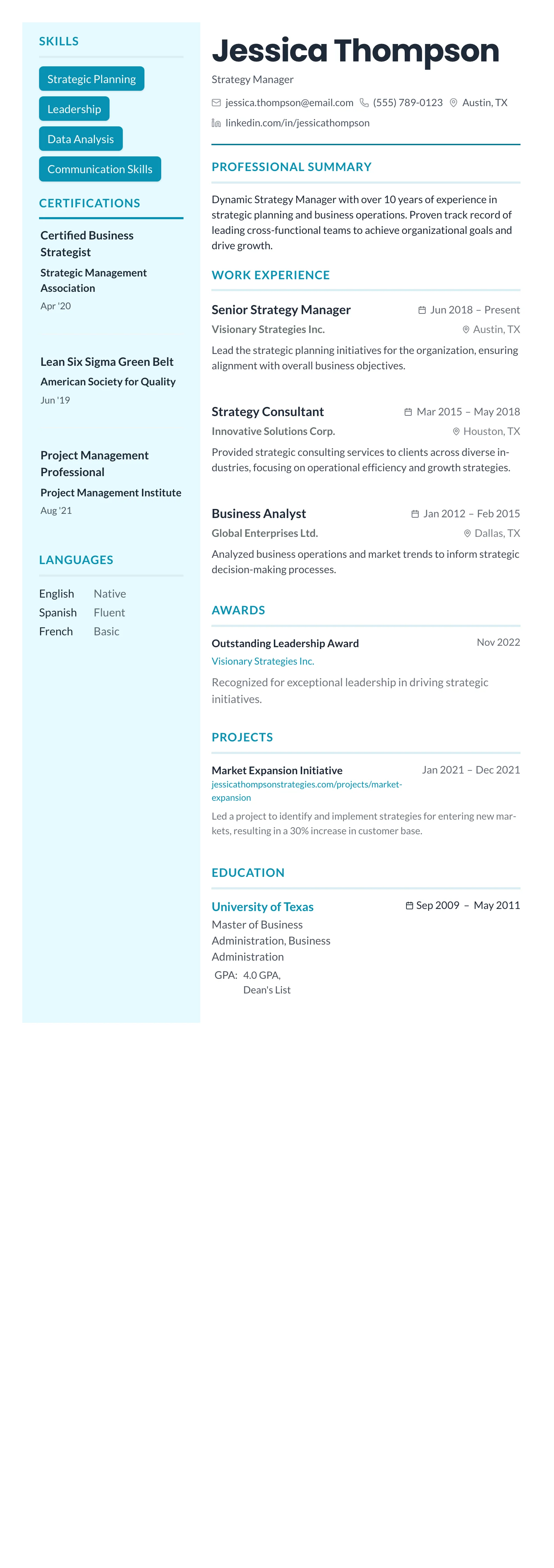Teal Sidebar Modern template preview