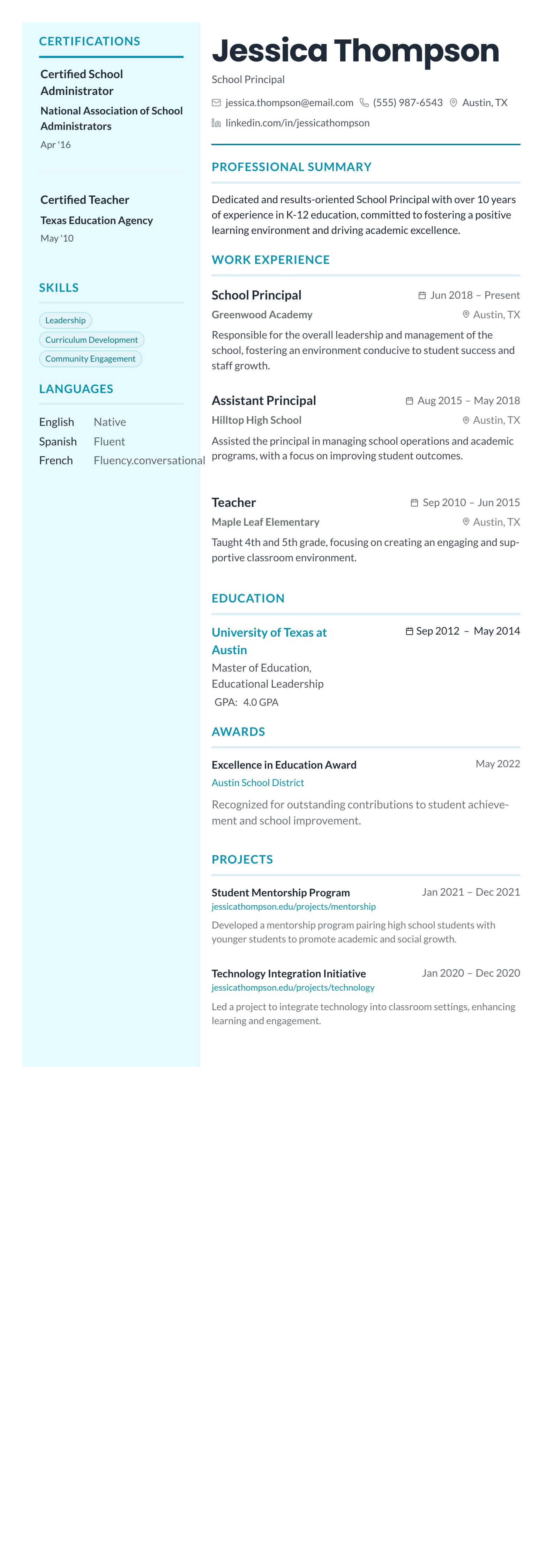 Teal Sidebar Modern template preview
