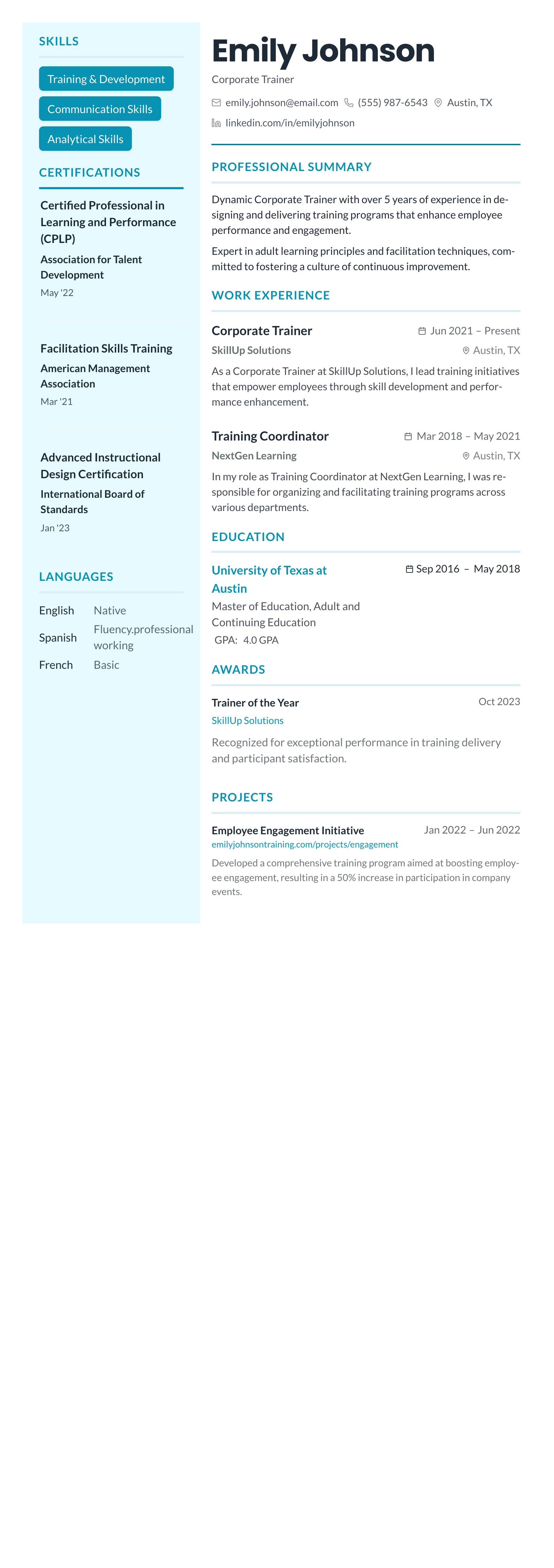 Teal Sidebar Modern template preview