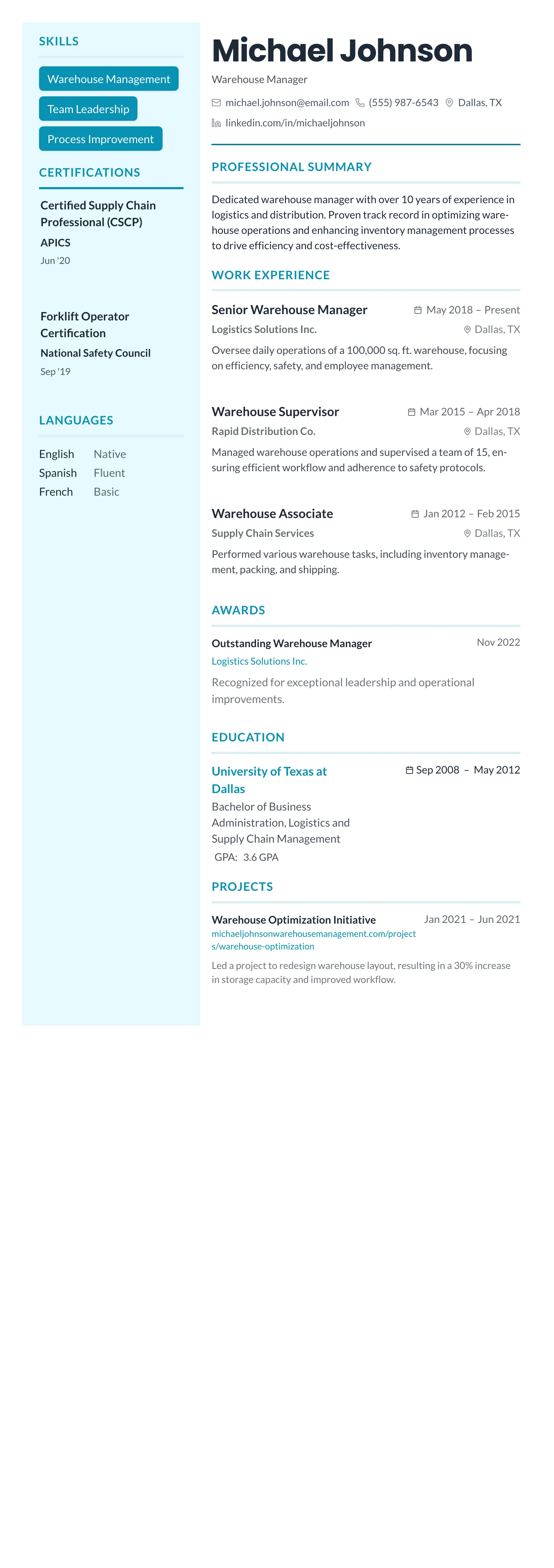 Teal Sidebar Modern template preview