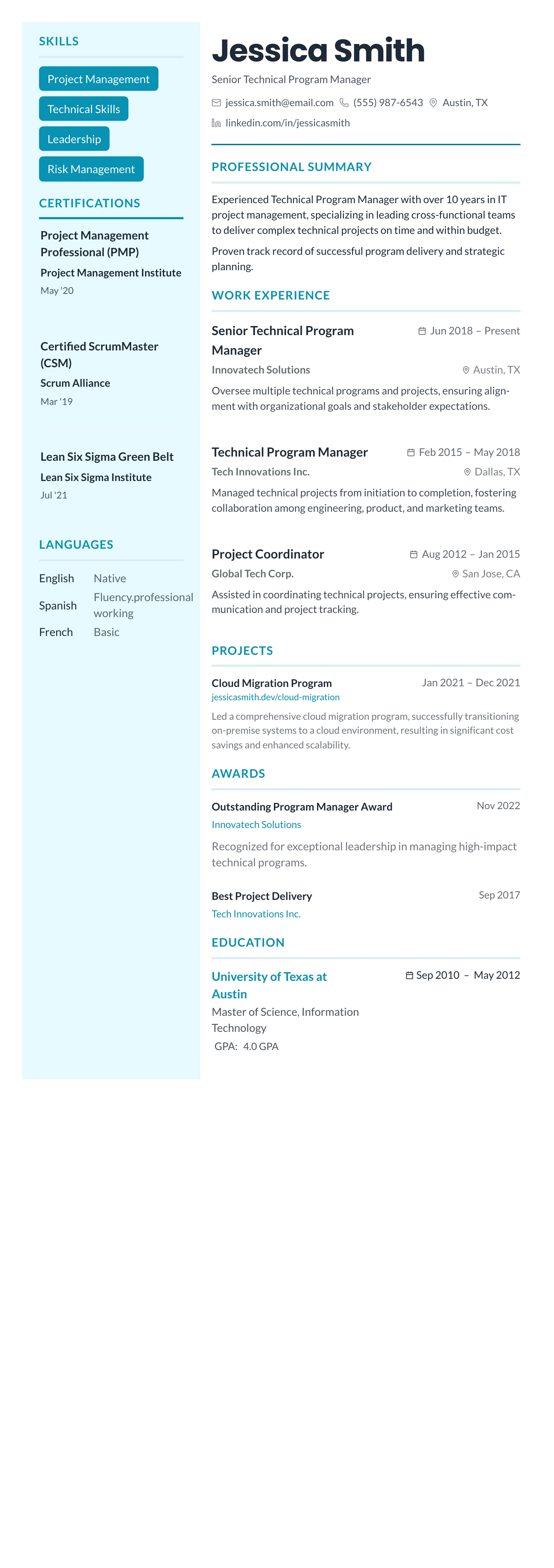 Teal Sidebar Modern template preview