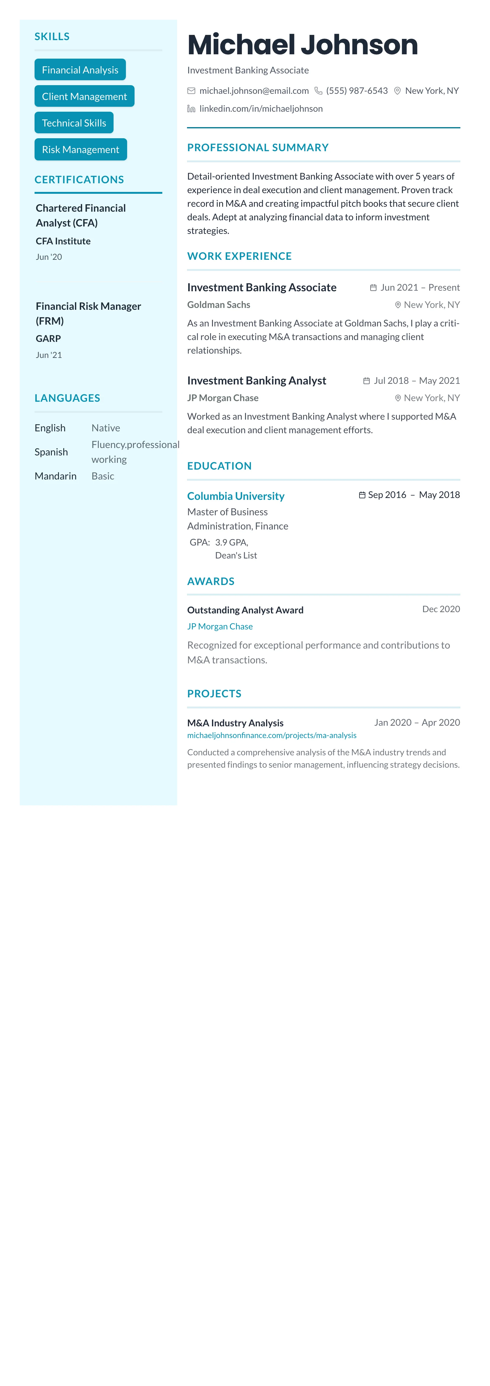 Teal Sidebar Modern template preview