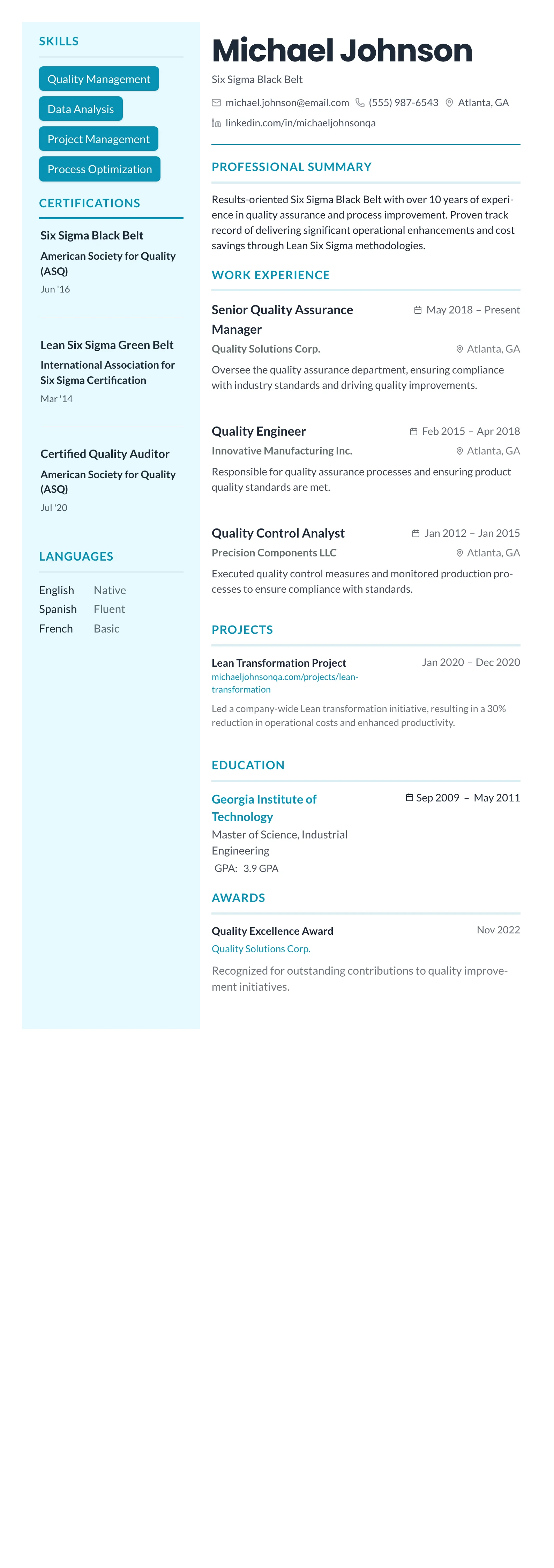 Teal Sidebar Modern template preview