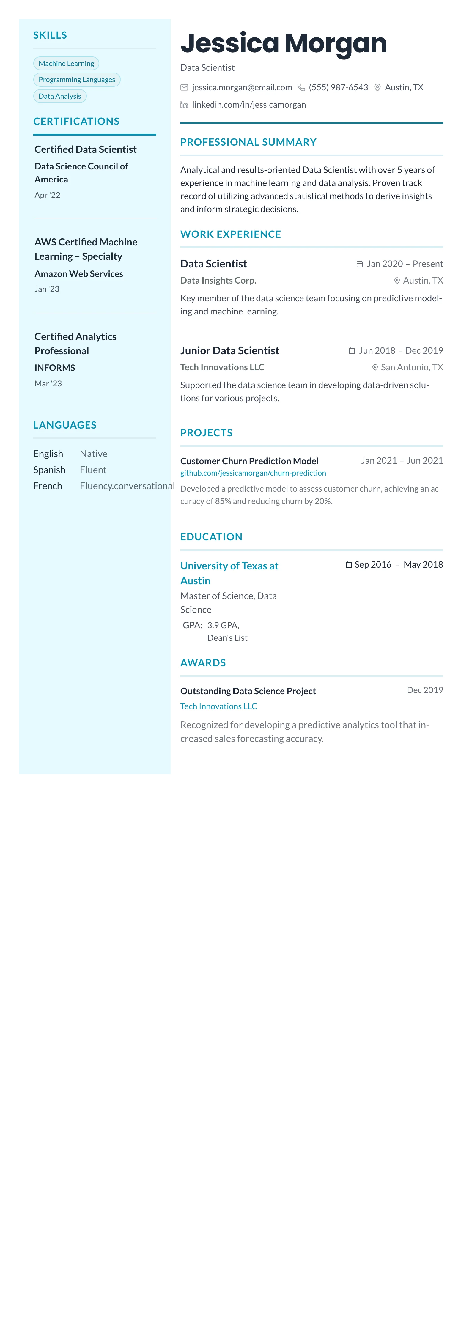 Teal Sidebar Modern template preview