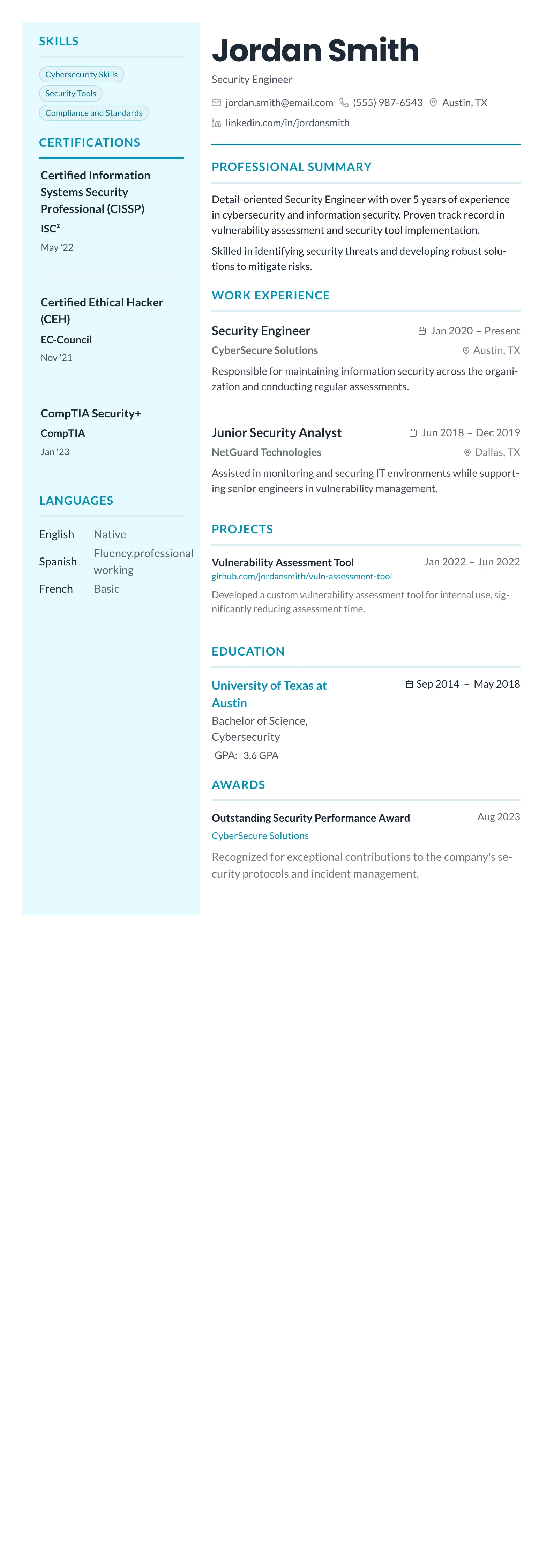 Teal Sidebar Modern template preview