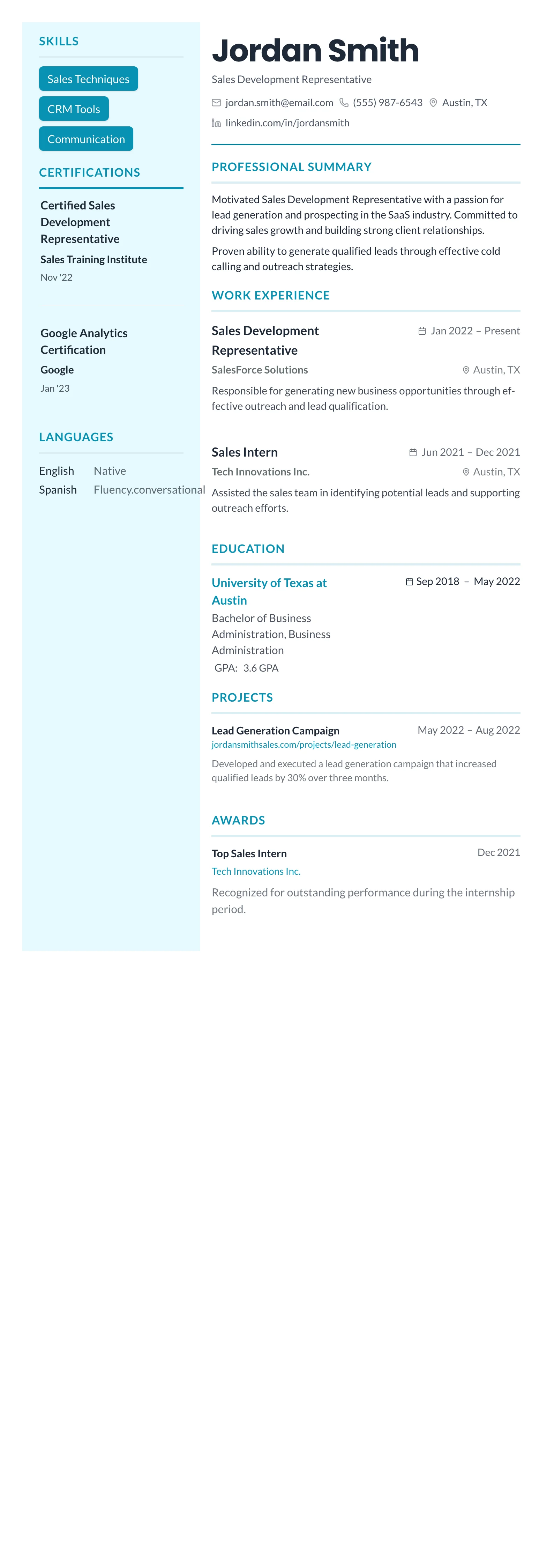 Teal Sidebar Modern template preview
